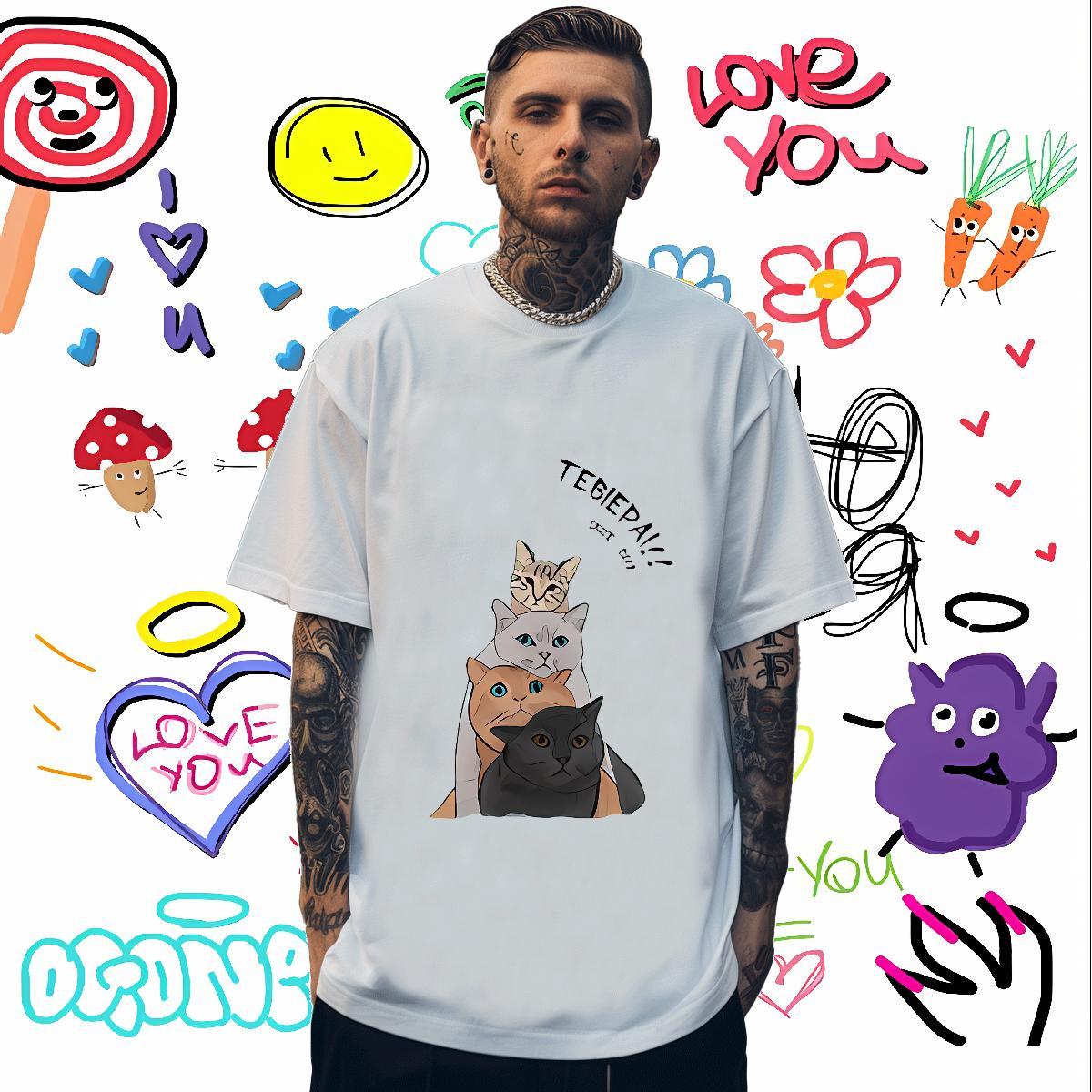 2024 DIY T-Shirts 230g Pure Cotton cat Daily Outfit Tee Shirt Breathable Short Sleeve Comfortable Men Clothes T-Shirt Oversized 3XL 4XL