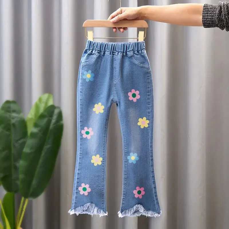 2024 New Autumn Elastic Kids Jeans Girls Cute Leisure Blue Denim Children Flared Pants Girl Clothes Trousers 4-10 Years W241227