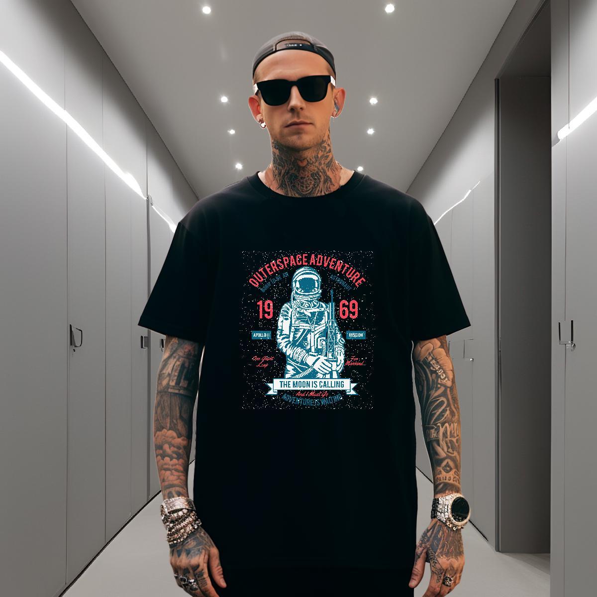 T shirt 230g 100% Cotton cosmonaut High Street Hip Hop Breathable Short Sleeve Custom Printed Men Clothes T-Shirt Classic Loose Tops