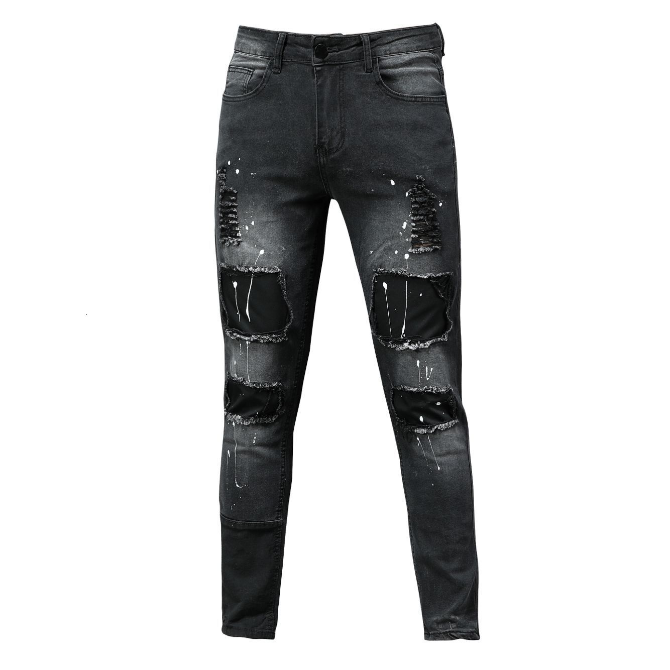 Men's distressed printed sold in quantity, with stickers and elastic small leg jeans, new style