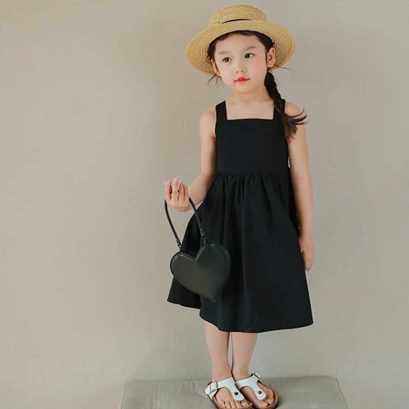 Summer Preschool Girls Dress Cotton Sweet Cold Wind Cross Backless Party Princess Dress 3-8 Years Black Pink Baby Girls DressW240720