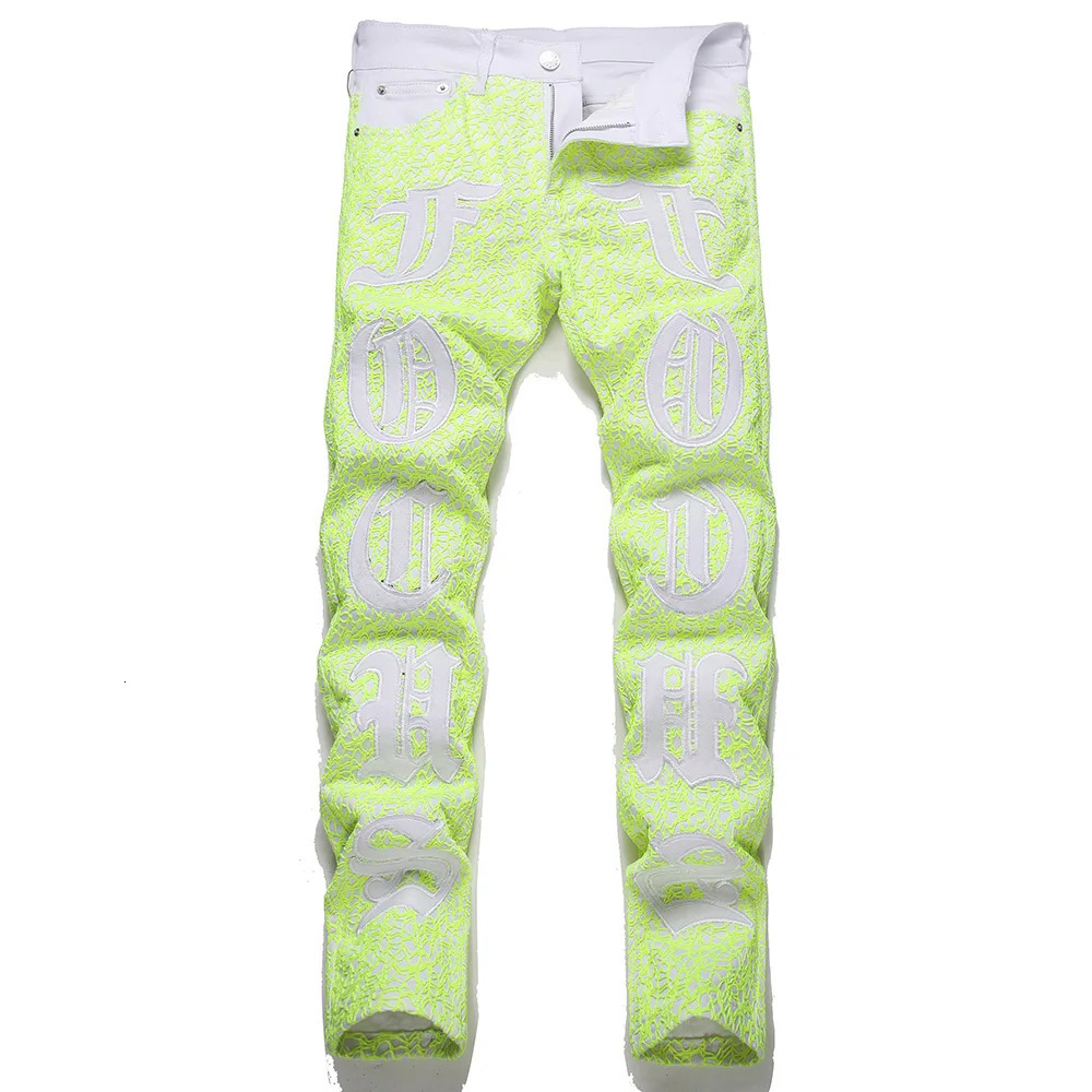 Men Y2K Neon Greeen Denim Jeans Streetwear Spider Web Letters Embroidery Pants Slim Straight Trousers 240806