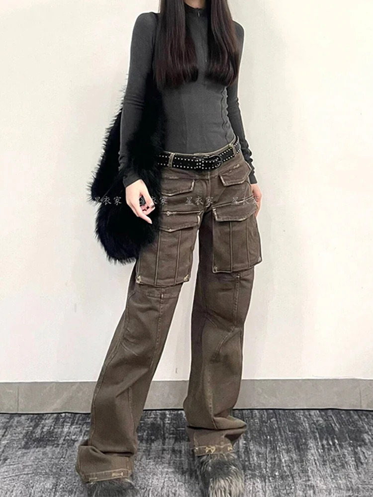 Women Coffee Baggy Cargo Jeans Harajuku 90s Aesthetic Denim Trousers Y2k Vintage Japanese 2000s Style Jean Pants Trashy Clothes 240806