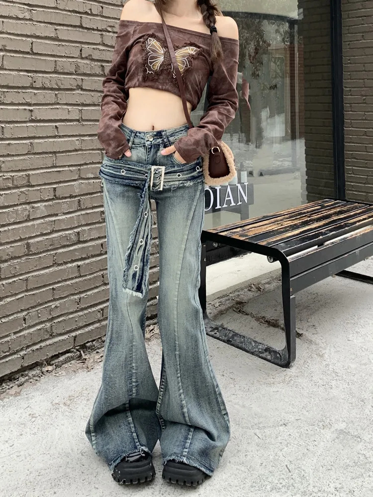 America Y2k Low Rise Flare Jeans Vintage WashedJeans Korean Grunge Cargo Pants 2000s Wide Leg Denim Pants Streetwear Fashion 240806