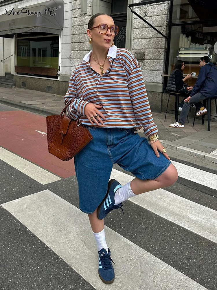 Mnealways18 Stripe Polo Collar Streak Sweater T-Shirts Street Style Fashion Women Long Sleeves Pullover Tops Autumn Ladies 240806
