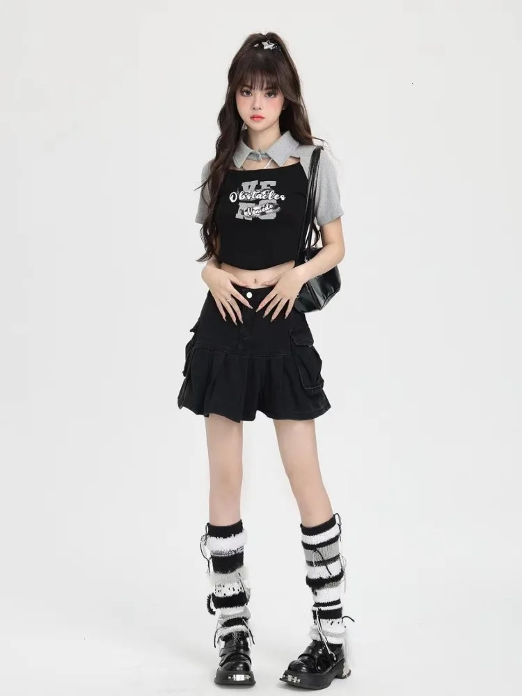 Womens summer Y2k casual T-shirt long sleeved Japanese polo neck ultra-thin suitable for latte art womens crop tops street clothing Kawaii clothing 24