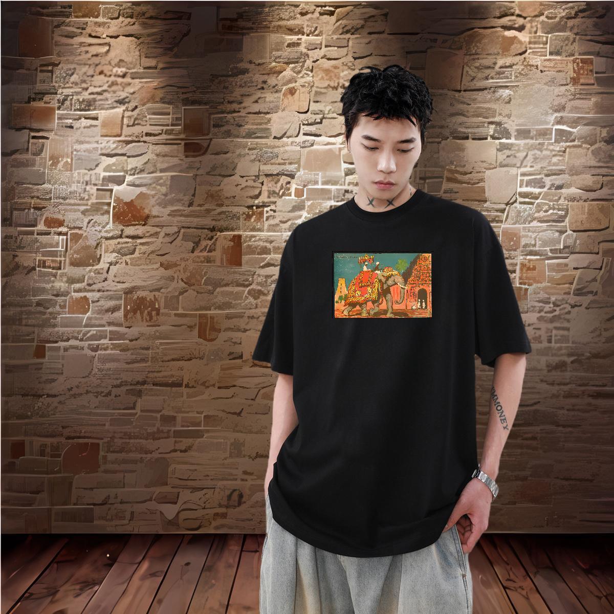 Custom T-Shirts for Men 100% Cotton 230g Elephant High Street Hip Hop Clothes Short Sleeve Soft Loose Fit Mens Tshirts Black White