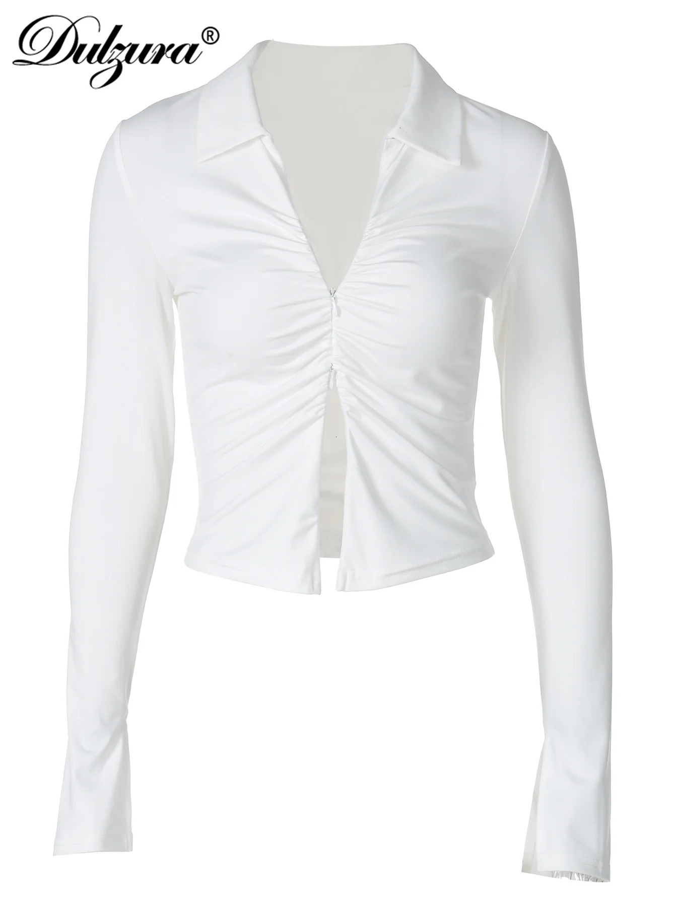 Dulzura Sexy V Neck Long Sleeve Top Zipper Polo Shirts Ruched Solid Women Tops Party Club Streetwear Drop Y2K Clothes 240806