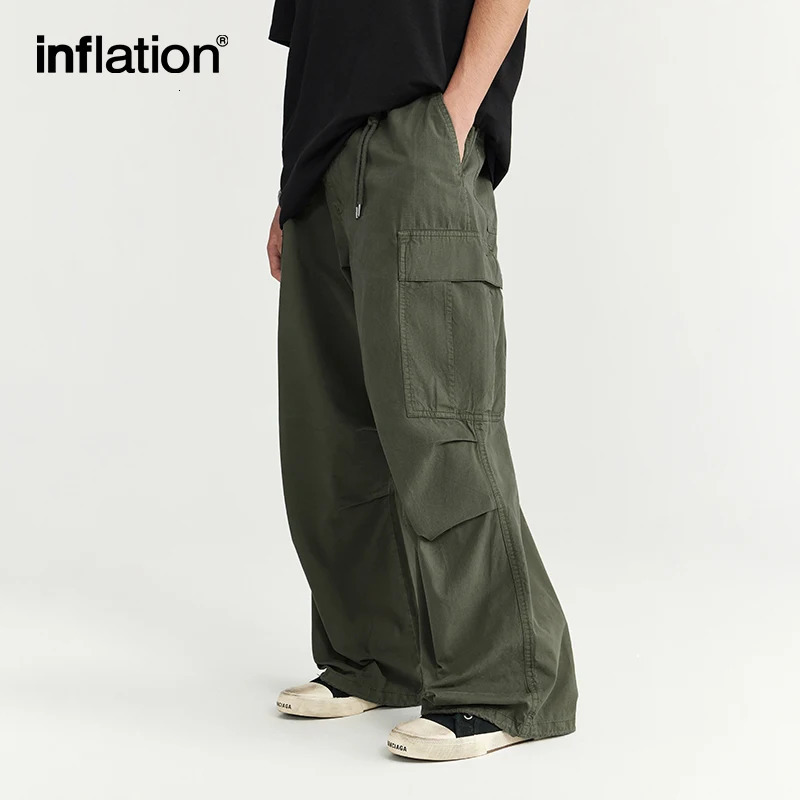 INFLATION Minimalism Washed Wide Leg Cargo Pants for Men Trendy Multi Pockets Casual Trousers 240806
