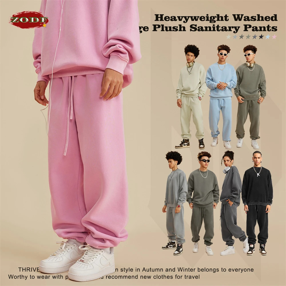ZODF Autumn Winter Mens Washed Sweatpants Retro Unisex Loose 355gsm Warm Fleece Solid Joggers Pants Streetwears HY0653 240806
