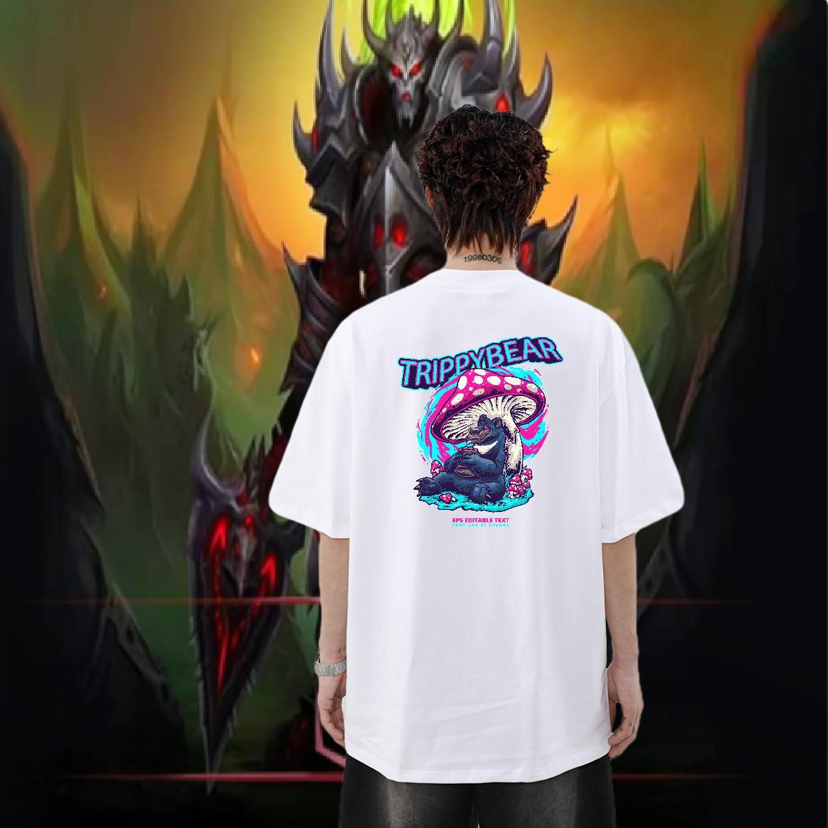 Fashion Casual T-Shirts for Men 230g 100% Cotton mushroom Outdoor Tops Shirt Short Sleeve O-Neck Loose Fit Tshirts White Plus Size