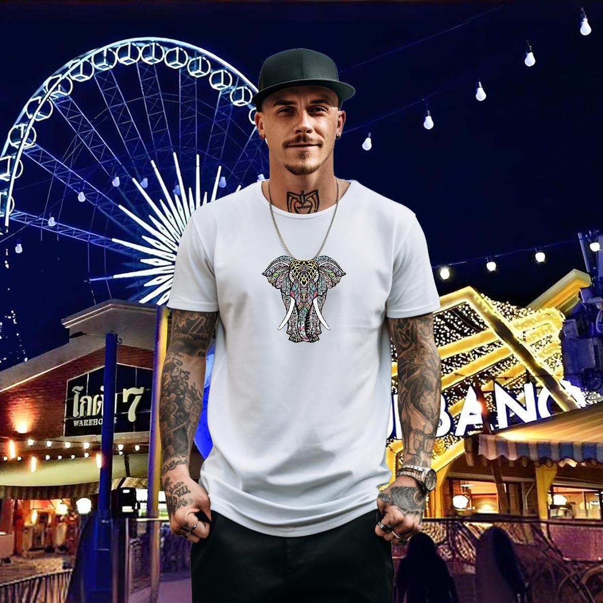 New T shirt 230g Cotton Elephant Home Outdoor Tops Tees O Neck Short Sleeves Brand Men Tops Tees Black White