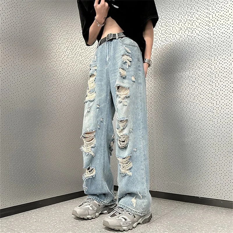High Street Ripped Jeans Mens Clothing Solid Color Y2K Wide Leg Pants Spring Summer Button Pocket Loose Trousers A048 240806