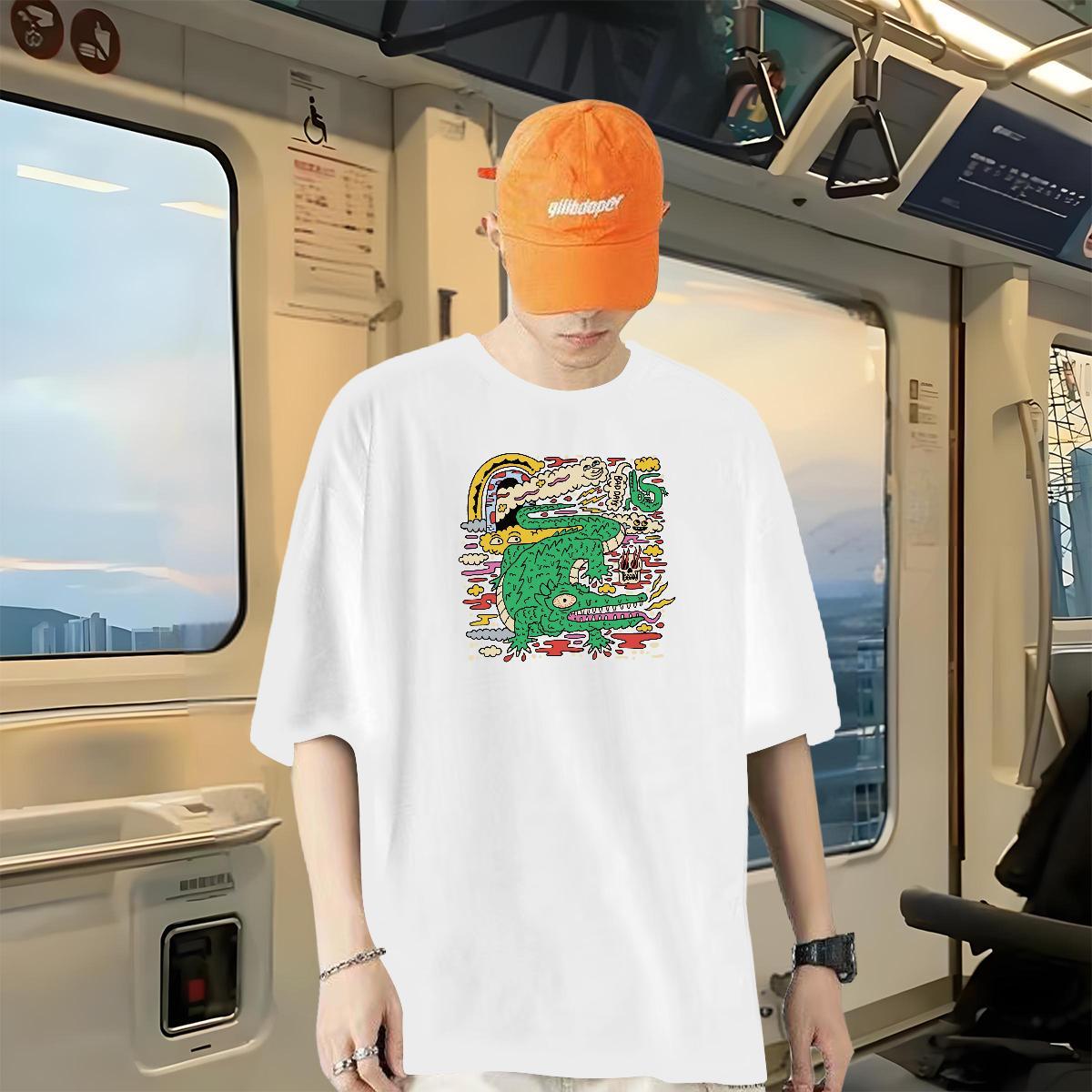 Fashion Design T-Shirts for Men 230g Pure Cotton crocodile Outdoor Clothes O-Neck Short Sleeve Popular Men Tshirts Floral Print