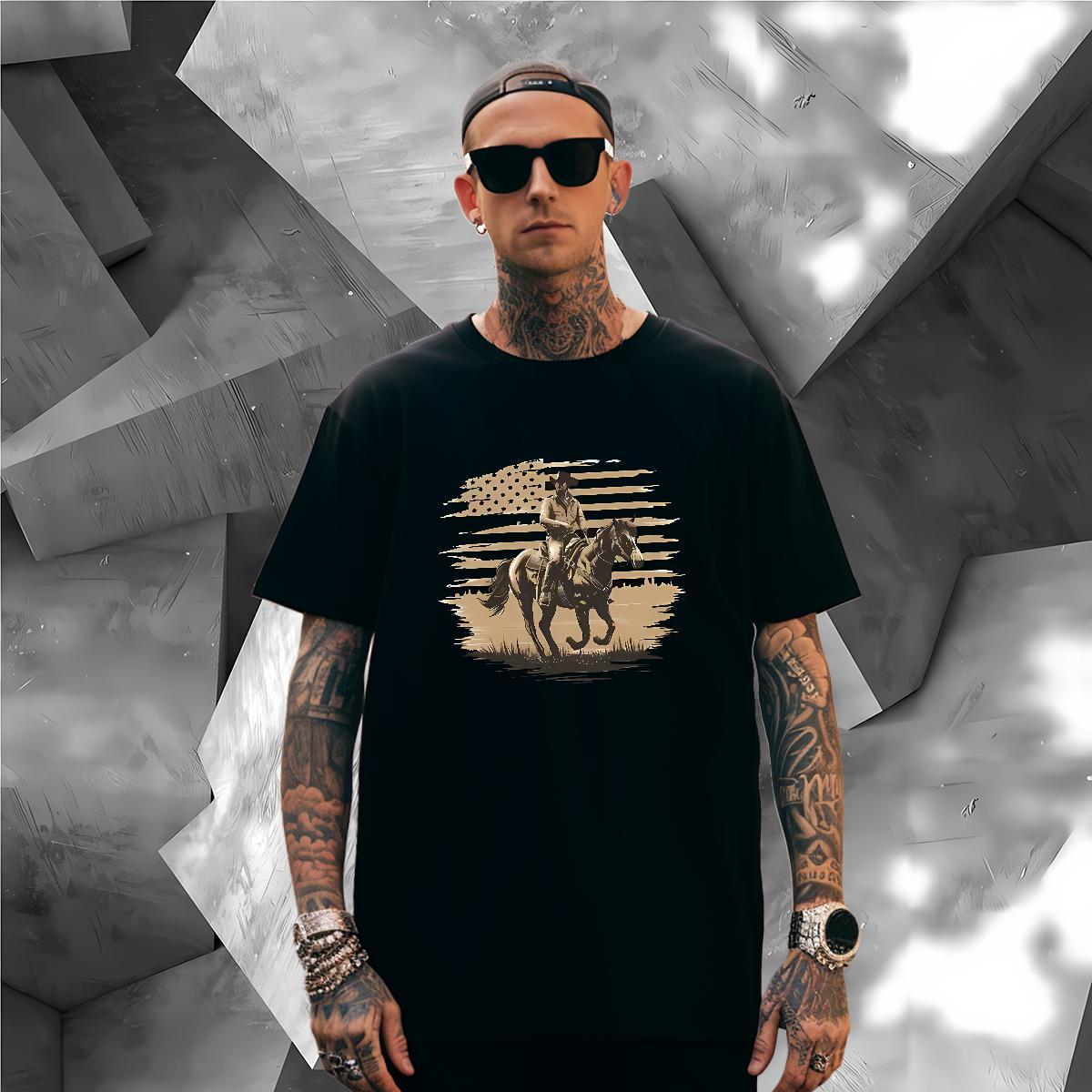 T Shirts Men 230g 100% Cotton horse Sports Casual Breathable Short Sleeve Cartoon Print Men Tees Fashion Design Popular Tees Shirts