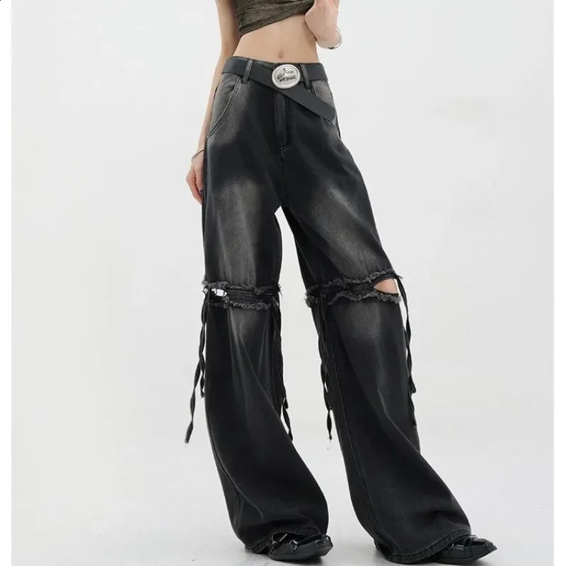QWEEK Y2k Baggy Ripped Jeans Women Vintage Harajuku America High Waist Black Denim Pants Korean Wide Leg Streetwear Trousers 240806