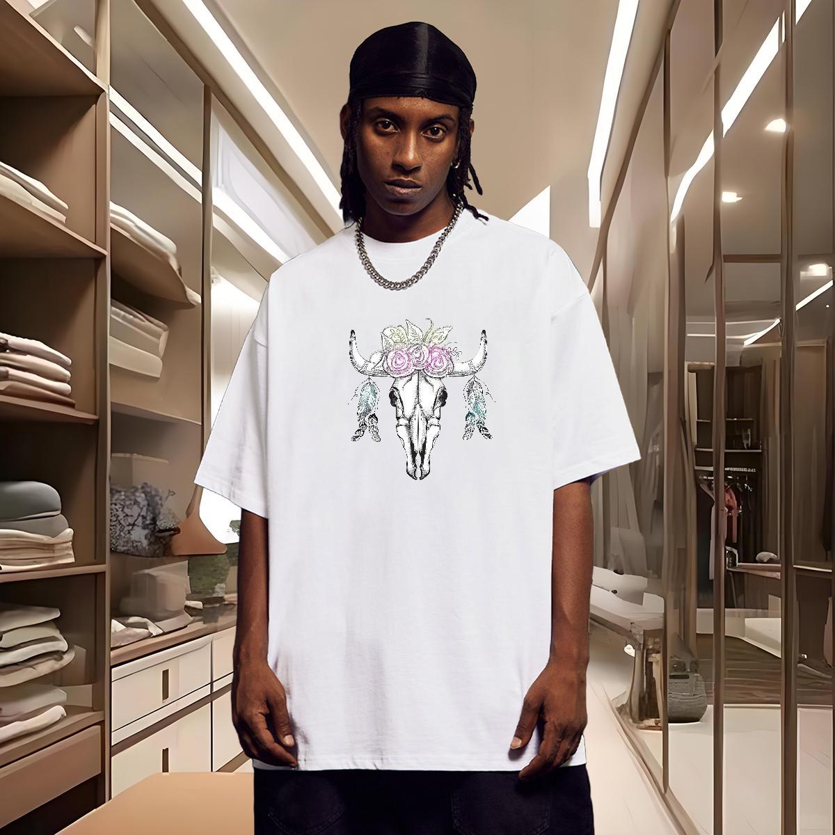 T shirt 100% Cotton 230g Deer Anime Printing Street Breathable Crew Neck Custom Print Oversized Men Tshirts Customized Popular Tops