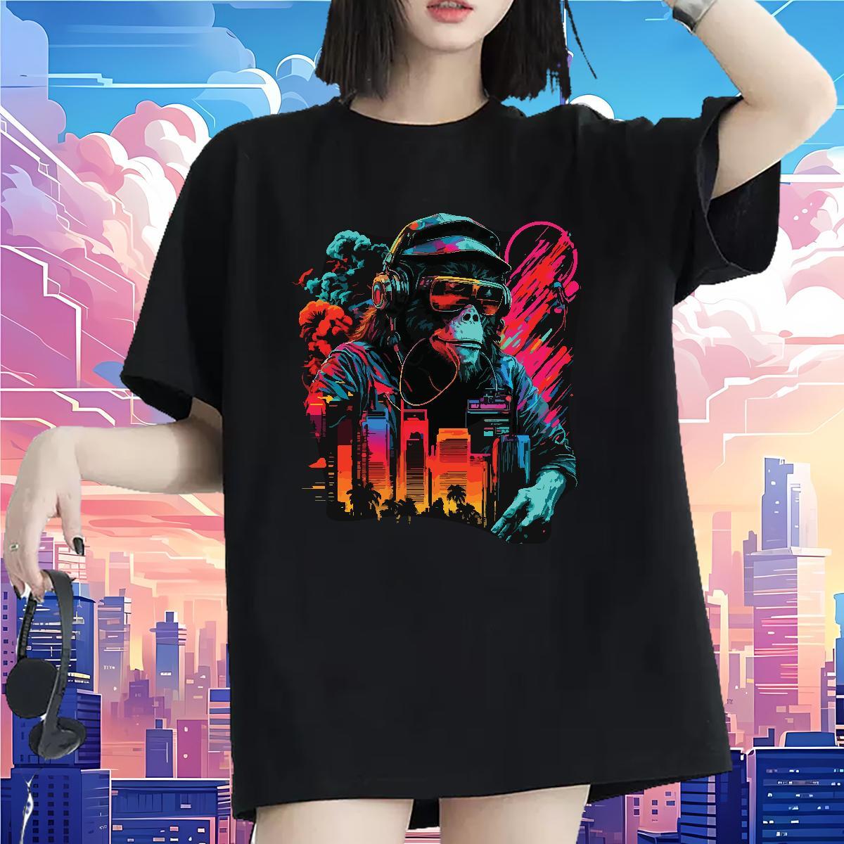 High quality Womens T Shirts Breathable Short Sleeve Womens Tshirts Cartoon Floral Printing chimpanzee Street Casual 230g 100% Cotton Fashion Top Tees