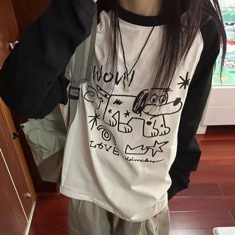 autumn funny Graphic T-shirts Women Cute Anime Long Sleeve Tops Vintage Y2k Preppy Style Casual Sweet Tees Oversized streetwear 240806