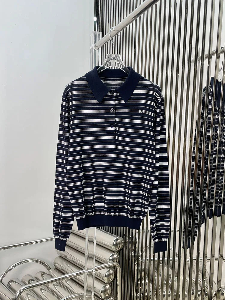 Contrast striped jacquard knitted polo shirt with letter micro label long sleeved T-shirt top 240827