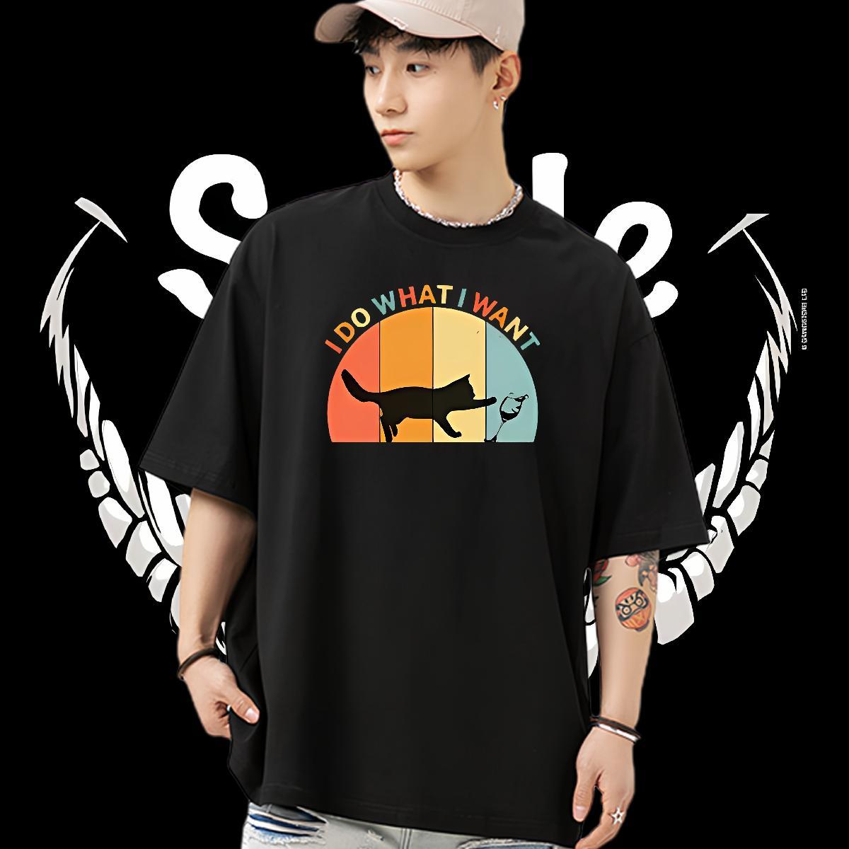 2024 Man T Shirts 230g 100% Cotton cat Spring Summer Polos Short Sleeve O-Neck Soft Men Tshirts DIY Anime