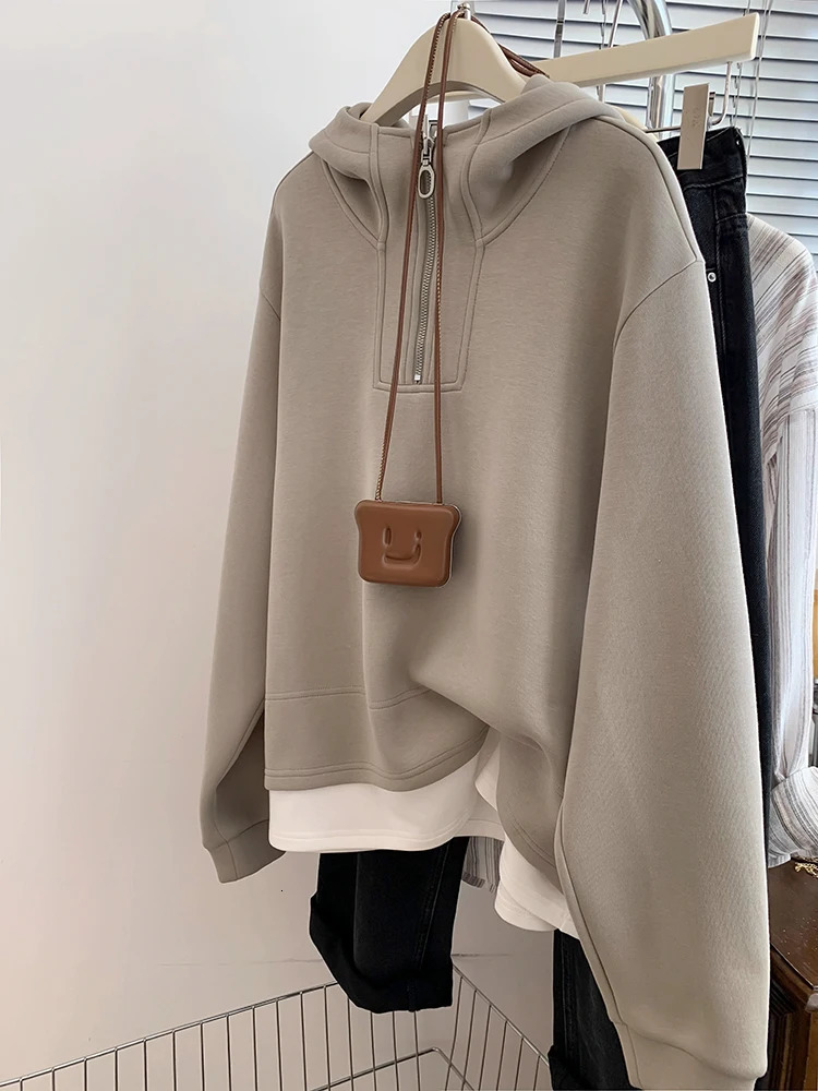 Fashion Half Zip Hoodie Harajuku Retro Oversize Sweatshirt Casual Versatile Pullover Tops Autumn Winter Korean Loose Hoodie 240806