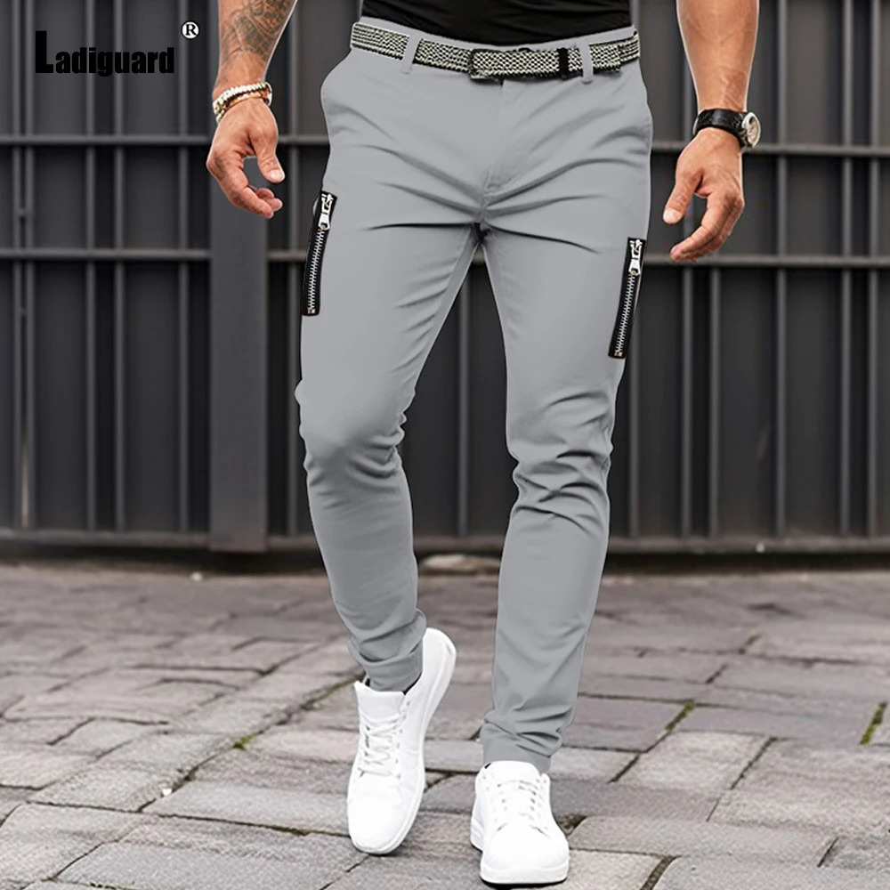 Plus Size 3xl Mens Cargo Pants Solid Grey White Pencil Elegant Fashion Zipper Pockets Trouser Men Streetwear 240806