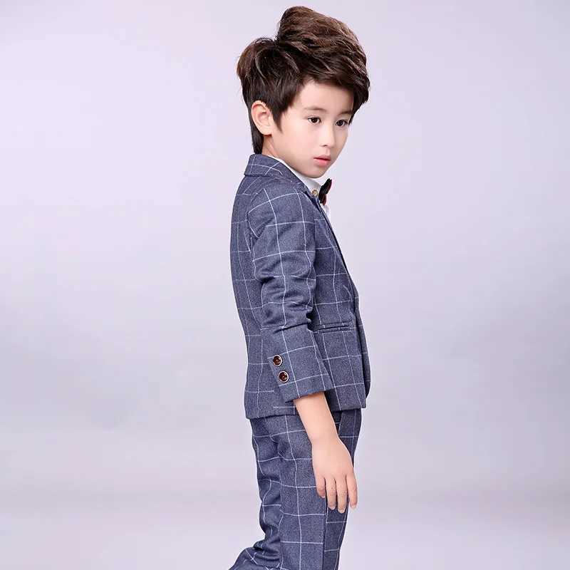 Suits Children Slim And Handsome Costume Jacket Pant Vest Bowtie 3 PCS Flower Boys Wedding Dress Kids Plaid Fashion Show Blazers Suit