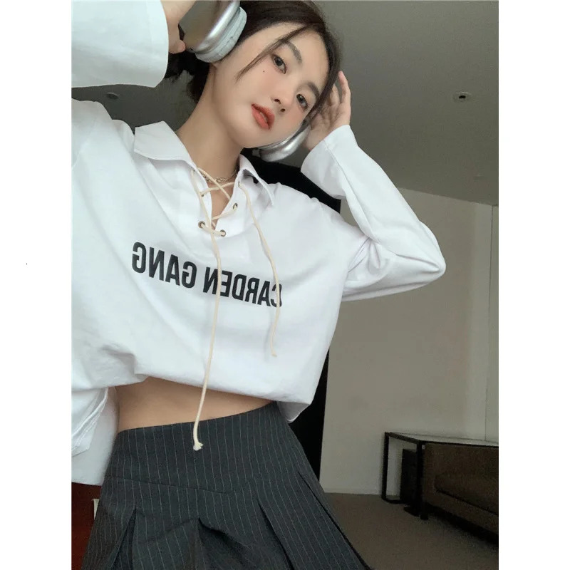 Korean Streetwear Y2k Crisscross Polo T-shirt Womens Harajuku Retro Letter Printed White T-shirt Casual Long Sleeve T-shirt 240827