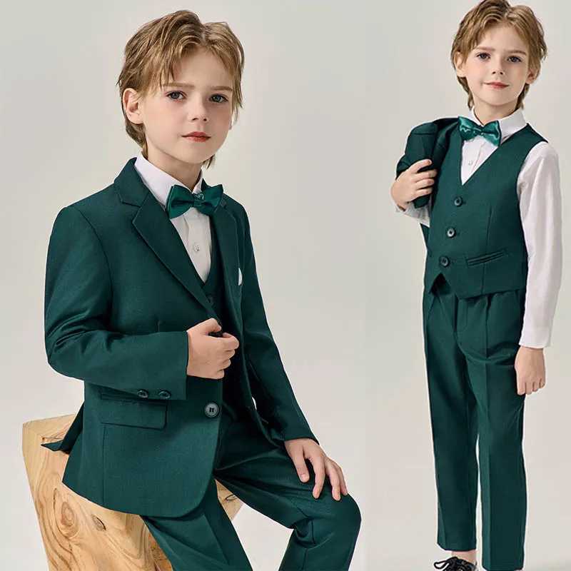 Suits Boys Dark Green Jakcet Vest Pants Bowtie Evening Party Dress Children Wedding Photograph Suit Kids Ceremony Performance Costume