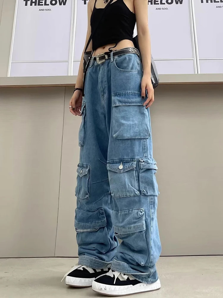 Multi-Pocket Blue Washed Jeans Cargo Pants Y2k Retro Streetwear Fashion High Waist Jeans Couple Harajuku Casual Wide Leg Pants 240806