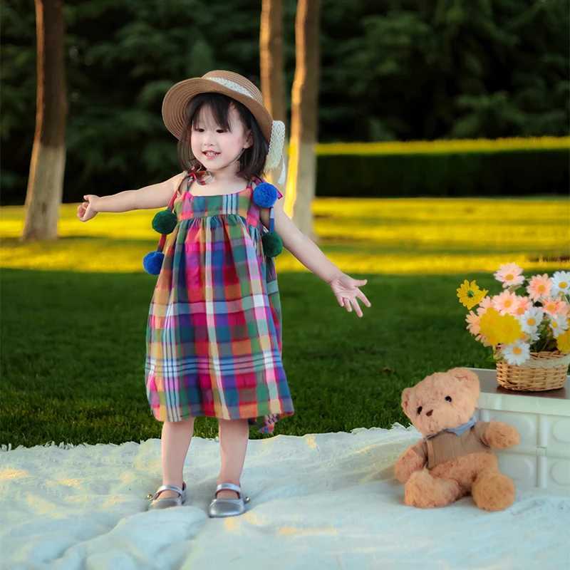 Girls summer clothing girls cotton dress childrens colorful checkered pendant dress childrens sleeveless pendant casual dressW240720