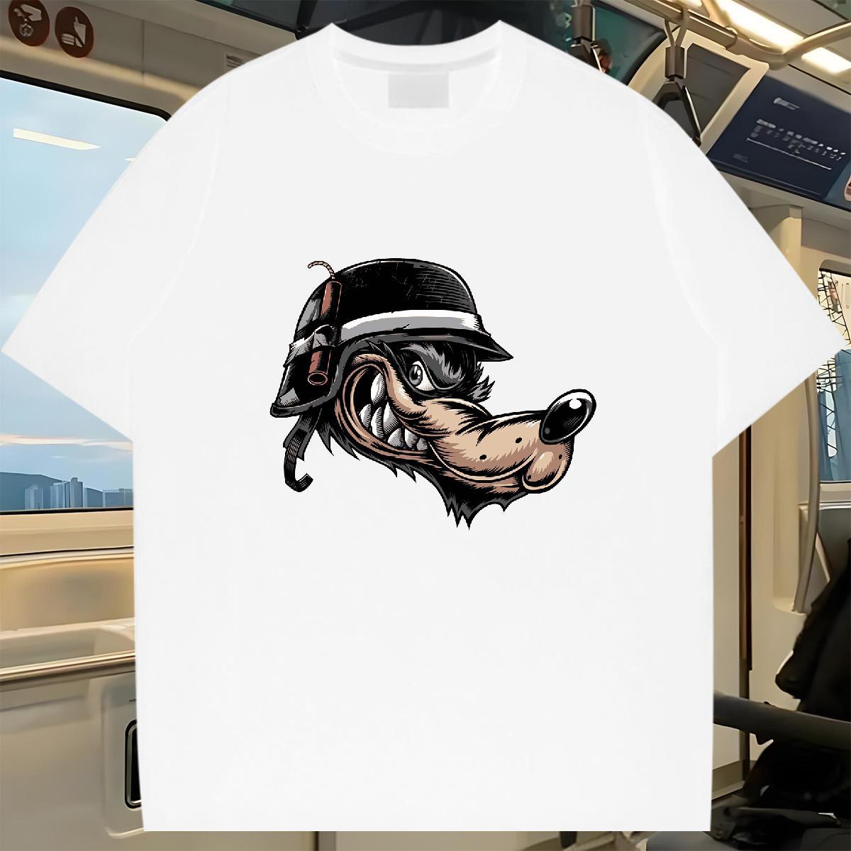 2024 Summer Men T Shirts 230g 100% Cotton wolf High Street Hip Hop Tops Shirt O Neck Short Sleeves Wholesale Tshirts Anime