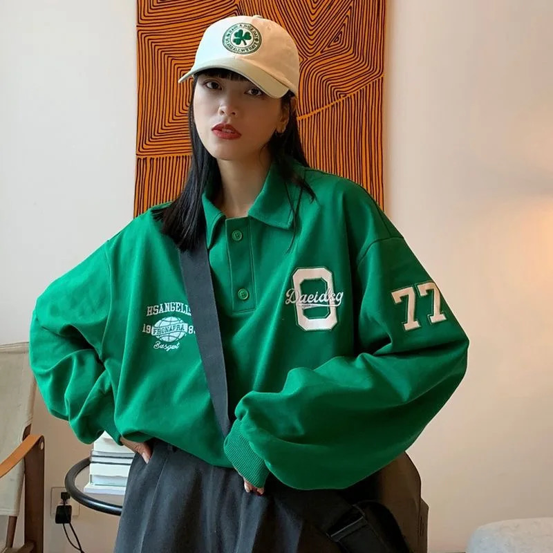 Vintage Embroidery Polo Collar Hoodies Oversized Women Sweatshirt Autumn Trendy Hoodie Harajuku Long Sleeve Shirt Teens 240806