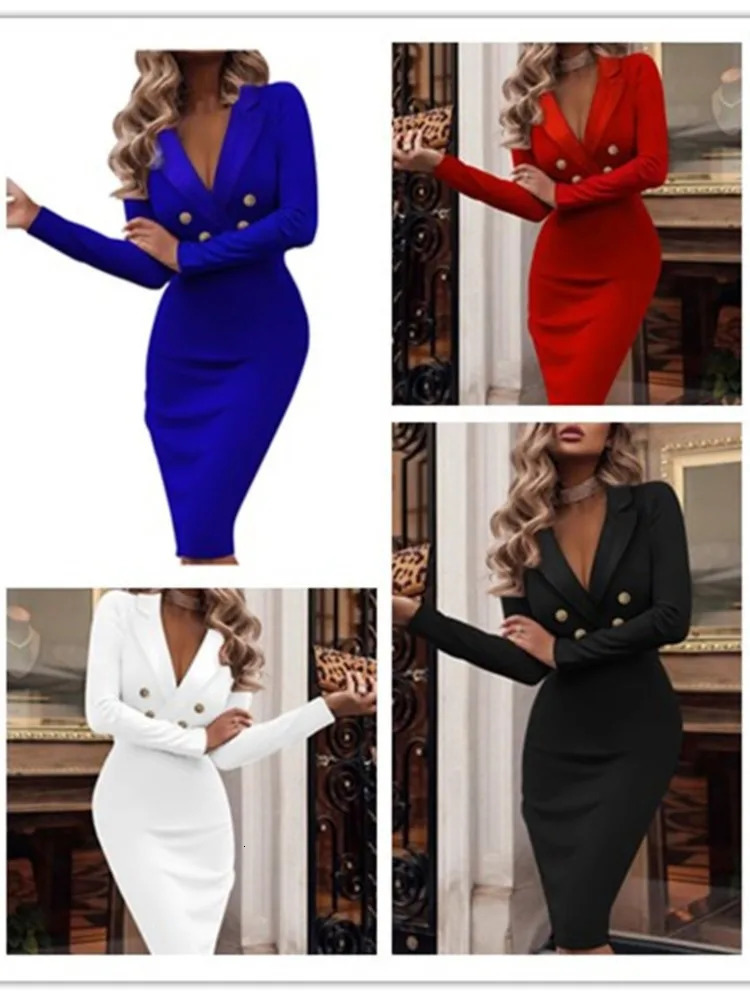 Autumn Winter Solid Color V-neck Double Breasted Suit Package Hip Dresses For Women Elegant Office Ladies Bodycon Dress 240806