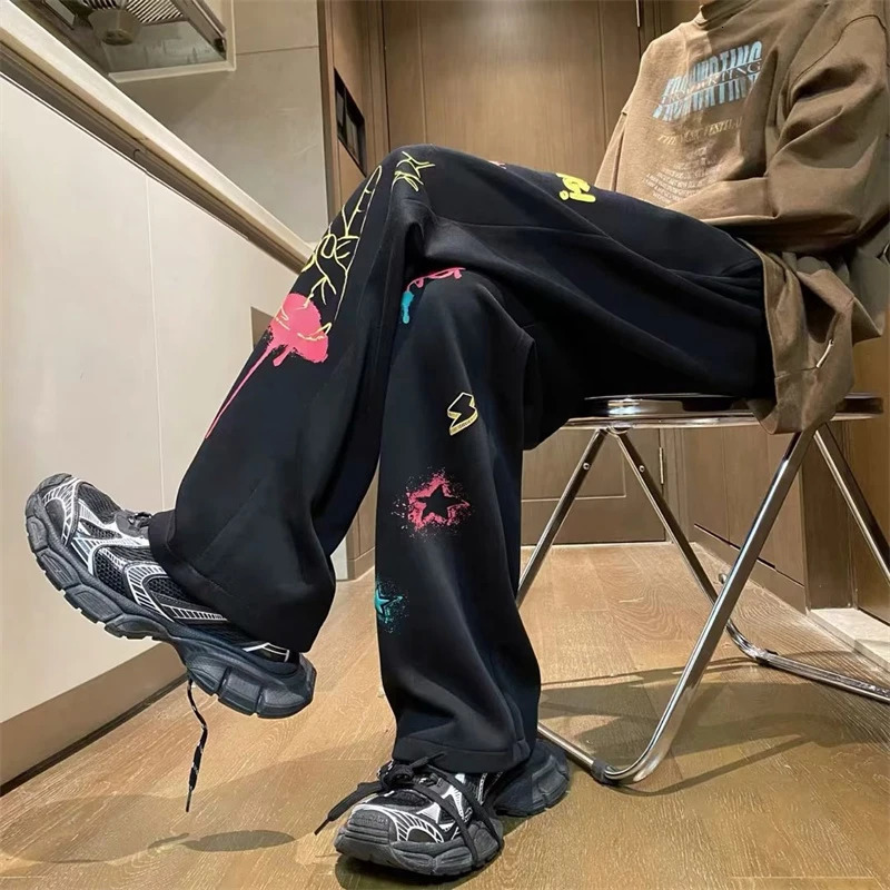 American Graffiti Printed Baggy Straight Pants Hombre Y2K Streetwear Wideleg Sweatpants For Men Hip Hop Fashion Trousers 240806