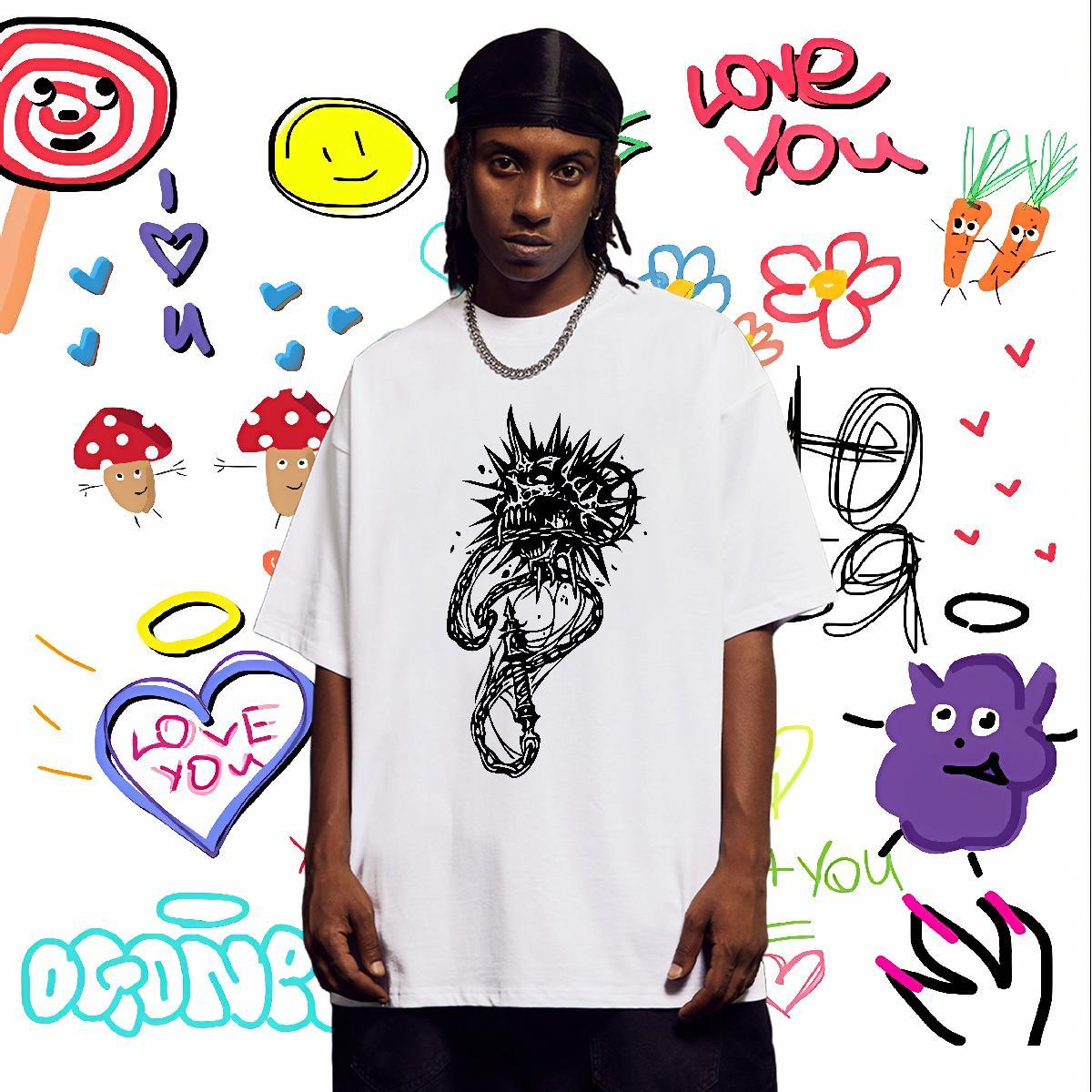 Fashion Casual T shirt skull Clothes 100% Cotton 230g Street wear Hip Hop Popular DIY Anime Round Neck Short Sleeve Men Tops Tees