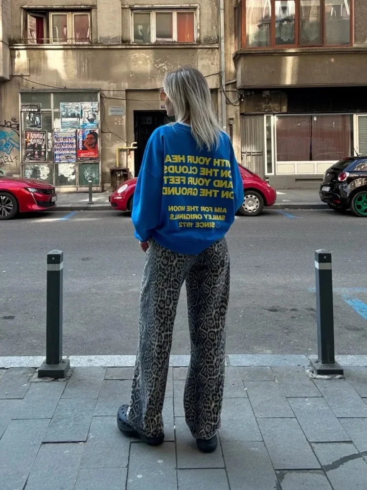 Leopard Print Jeans for Women American Retro Y2k Fashion Straight Wide Leg High Waisted Denim Pants Oversized Hip Hop Jeans 240806