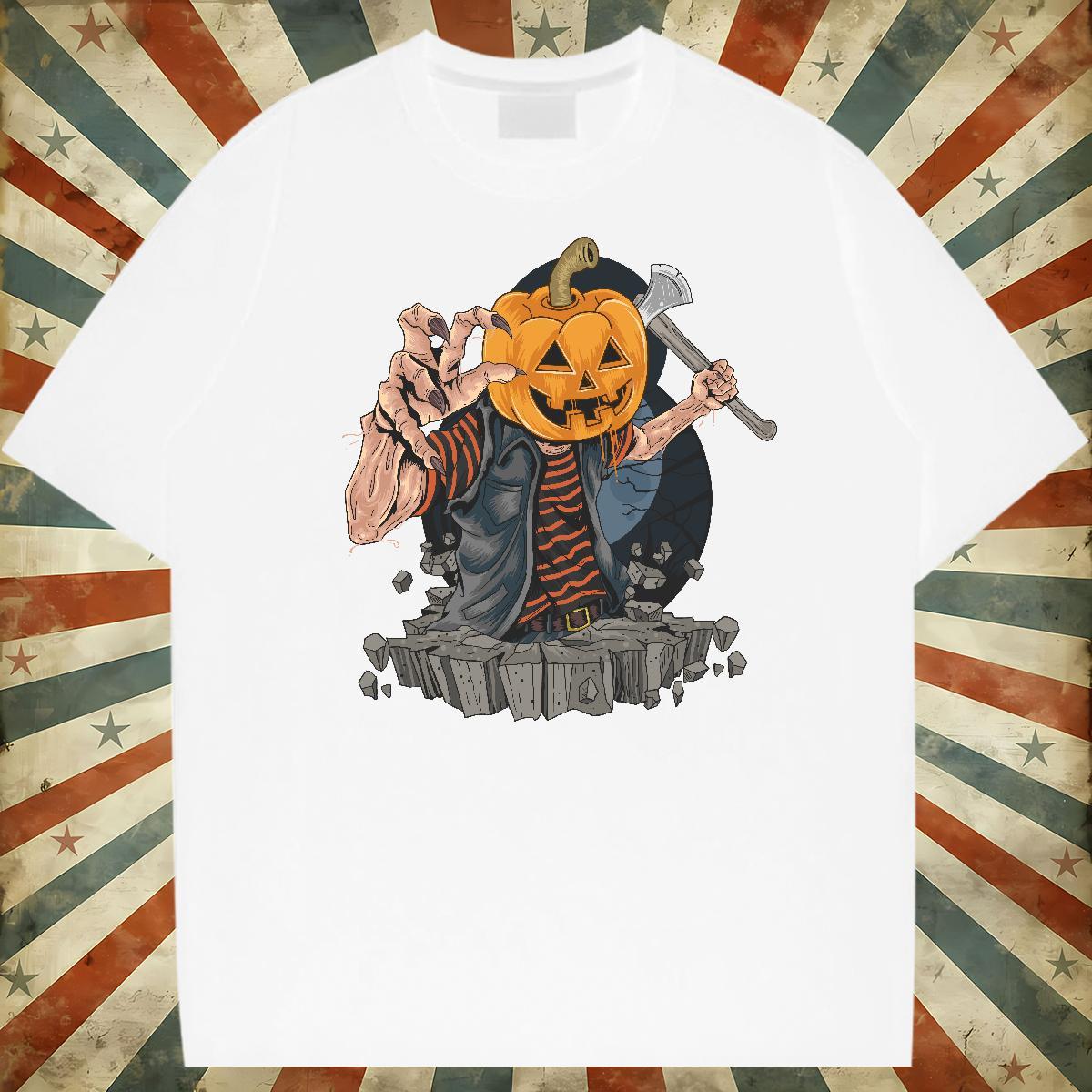 Classic Casual T-Shirts for Men 100% Cotton 230g Halloween Anime Printing Street Clothes Short Sleeve O-Neck Loose Mens Tshirts White Plus Size