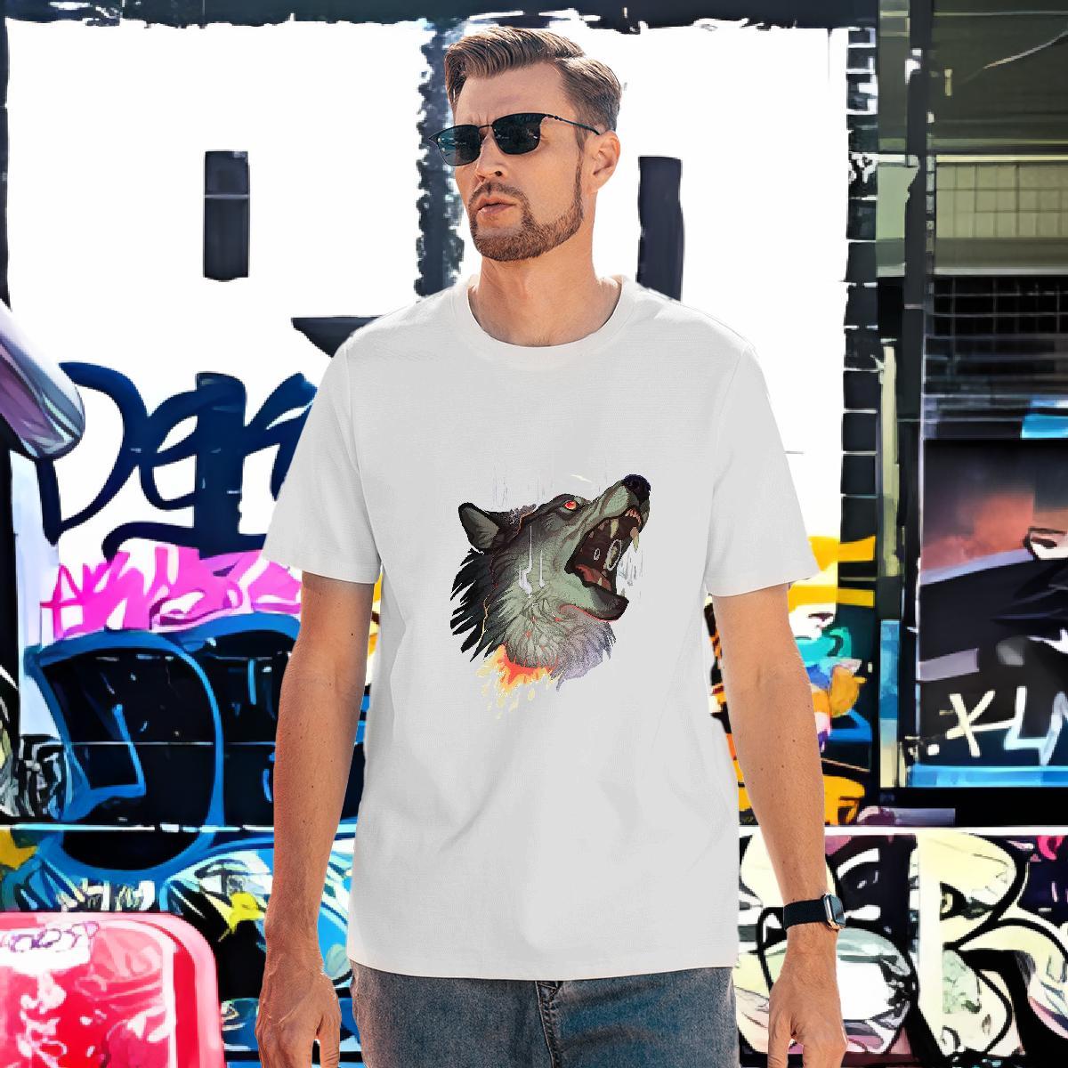 Loose Fit Men Tshirts 230g Cotton wolf T Shirt For Man Casual Crew Neck Custom Anime Fashion Clothes