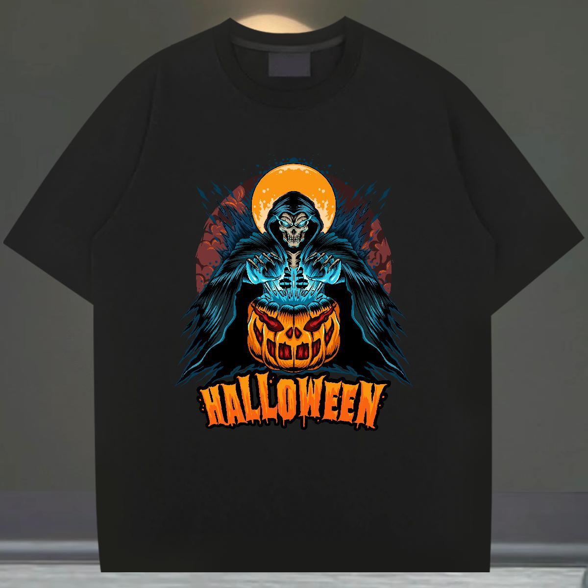 2024 New T Shirts Men 230g 100% Cotton Halloween Hip Hop Tees Shirts Breathable Short Sleeve Cool Men Tops Tees DIY Logo Oversized