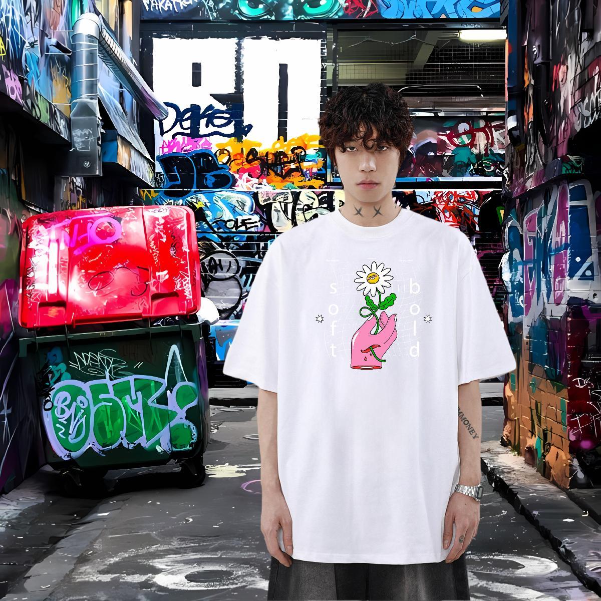 Free Shipping Mens T Shirts 230g Cotton flower Street Tees Shirts Short Sleeve O-Neck Loose Men Clothes T-Shirt Custom Anime