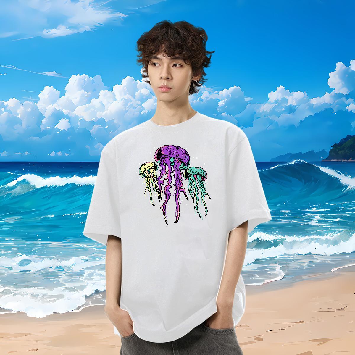 Customized T shirt 230g Cotton jellyfish Casual Beach Tees Shirts Crew Neck Breathable Wholesale Men Tshirts DIY Logo Oversized