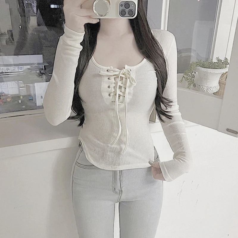 Women Sexy Lace-up Round Neck Long Sleeve Irregular Solid Color Slim T-shirt 240806