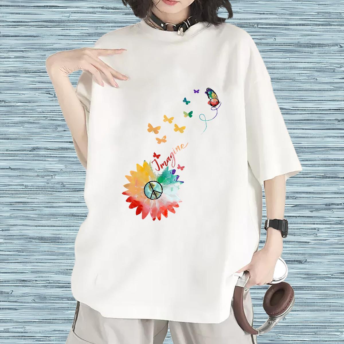 Loose T Shirts Women O Neck Short Sleeves Women Tshirts Anime Oversized Butterfly Spring Summer 230g Pure Cotton 2024 Tee Shirt