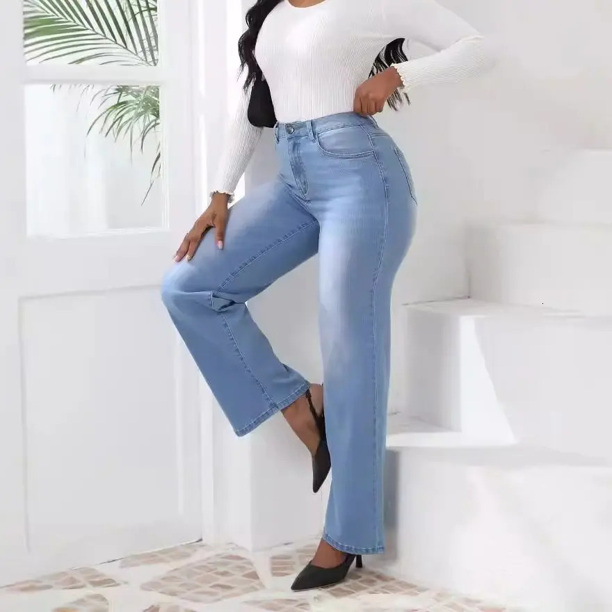 Elastic Straight Jeans Women Fashion Vintage Mid Waist Denim Trousers Mujer Blue Jeans Pants 240806