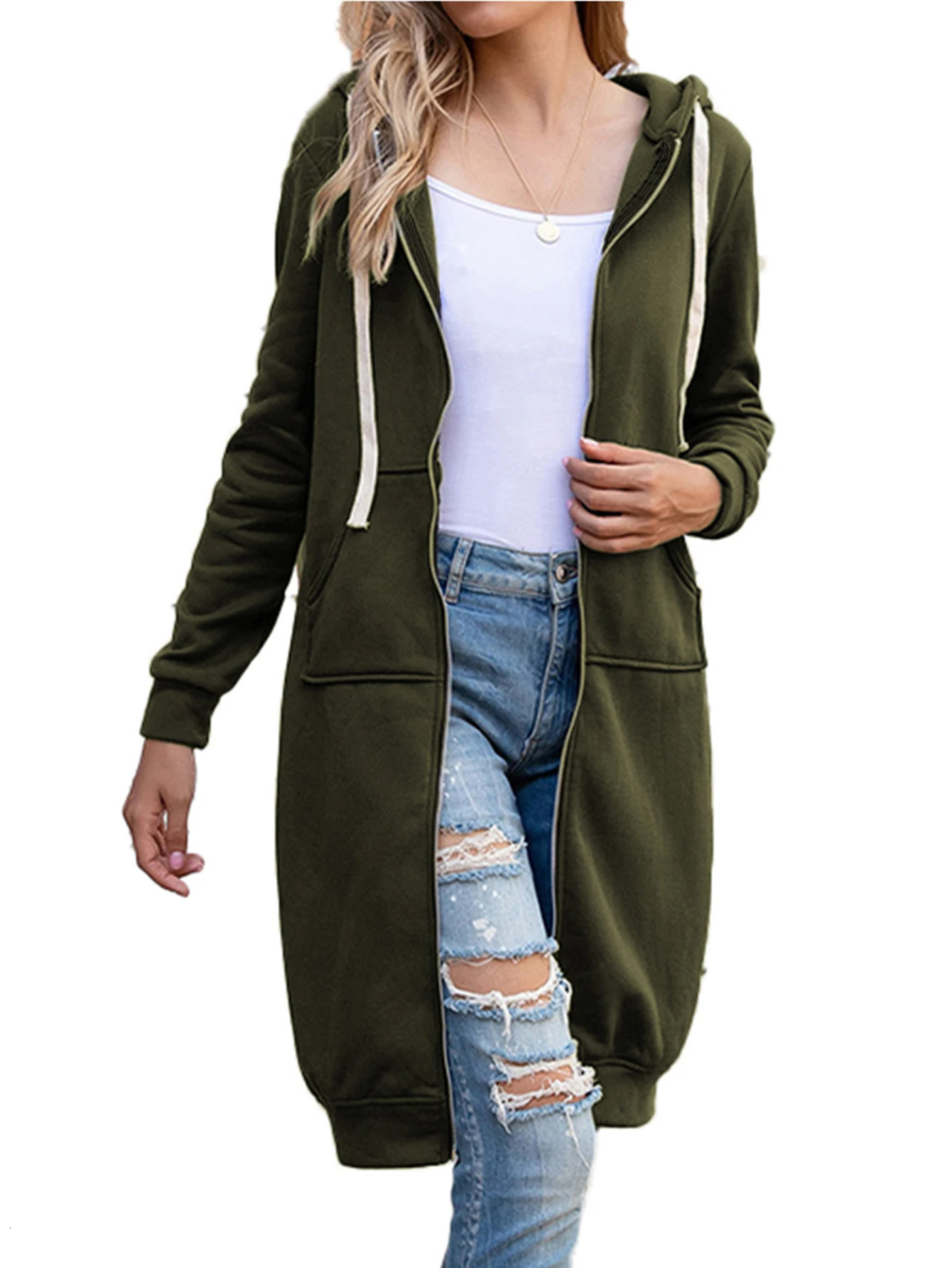Plus Size Long Hoodies Tunic Fashion Sweatshirts Fleece Knitted Zip Up Jackets With Pockets For Women 240806