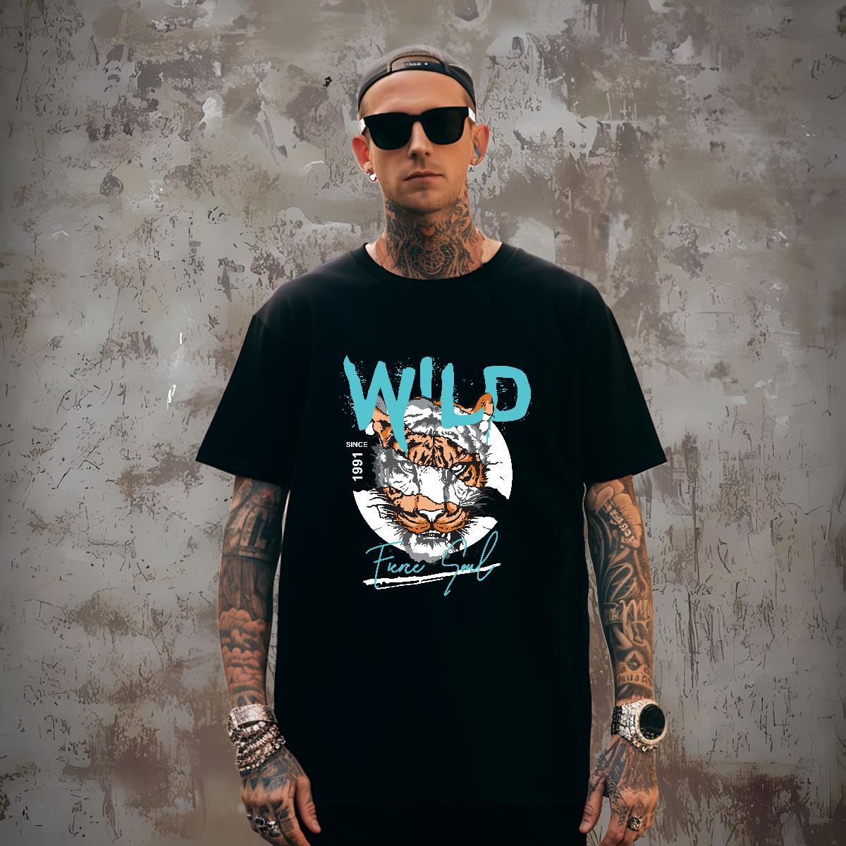 Cool Couples T Shirts 230g Cotton tiger T Shirt For Man Hip Hop Crew Neck Skull 2024 Summer Tshirts