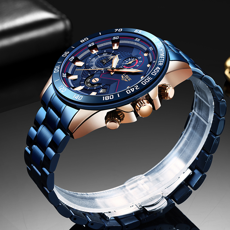 LIGE Men Watch Sport Chronograph Watch for Men Fashion Stainless Steel Quartz Wristwatches Luminous Man Clock