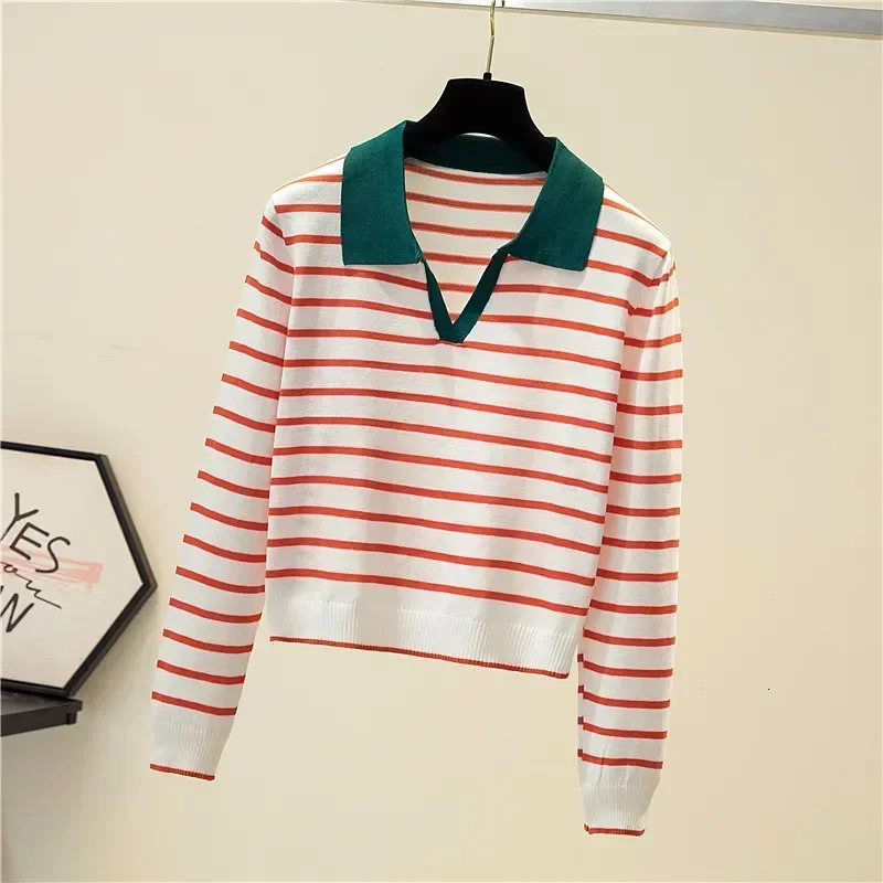 Womens striped V-neck pullover polo sweater early autumn full competition top long sleeved knitted bottom sweater 240827